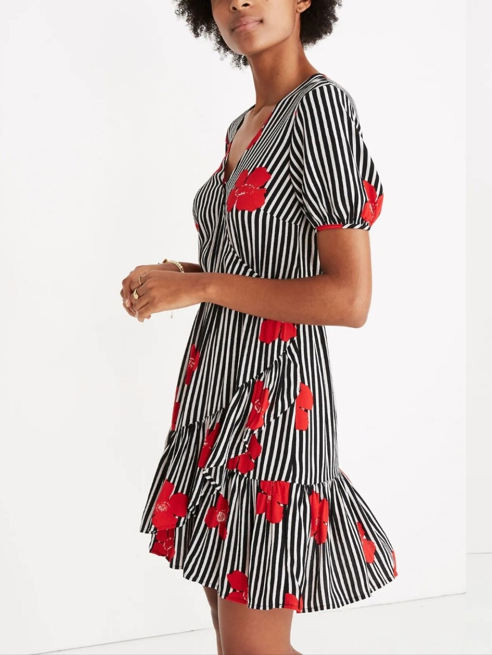 Madewell Red Floral Stripe Faux Wrap Ruffle Dress - Women Size 6